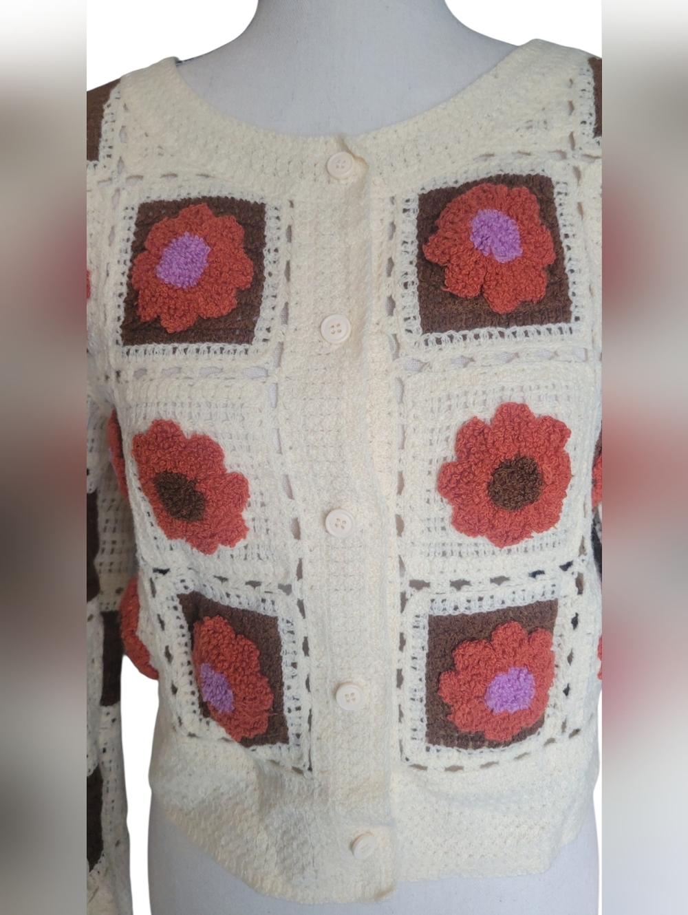 Everleigh Patchwork Granny Boho Retro Square Floral Cropped Cardigan Sz M - Picture 6 of 10